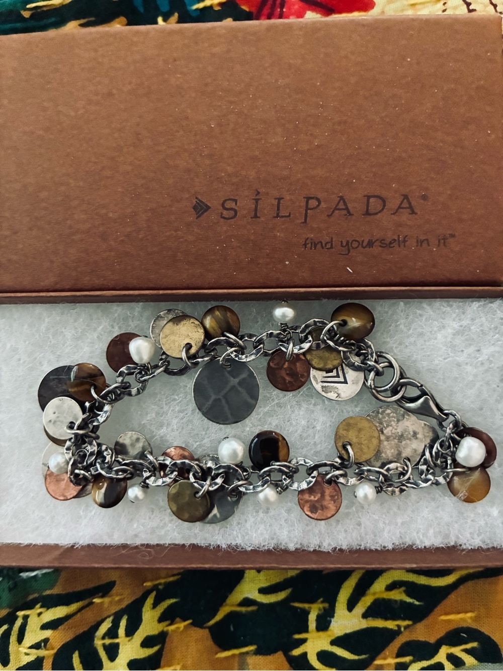 Silpada Multi-Tone Disc & Pearl Charm Bracelet — Silver, Gold, Copper, Brown